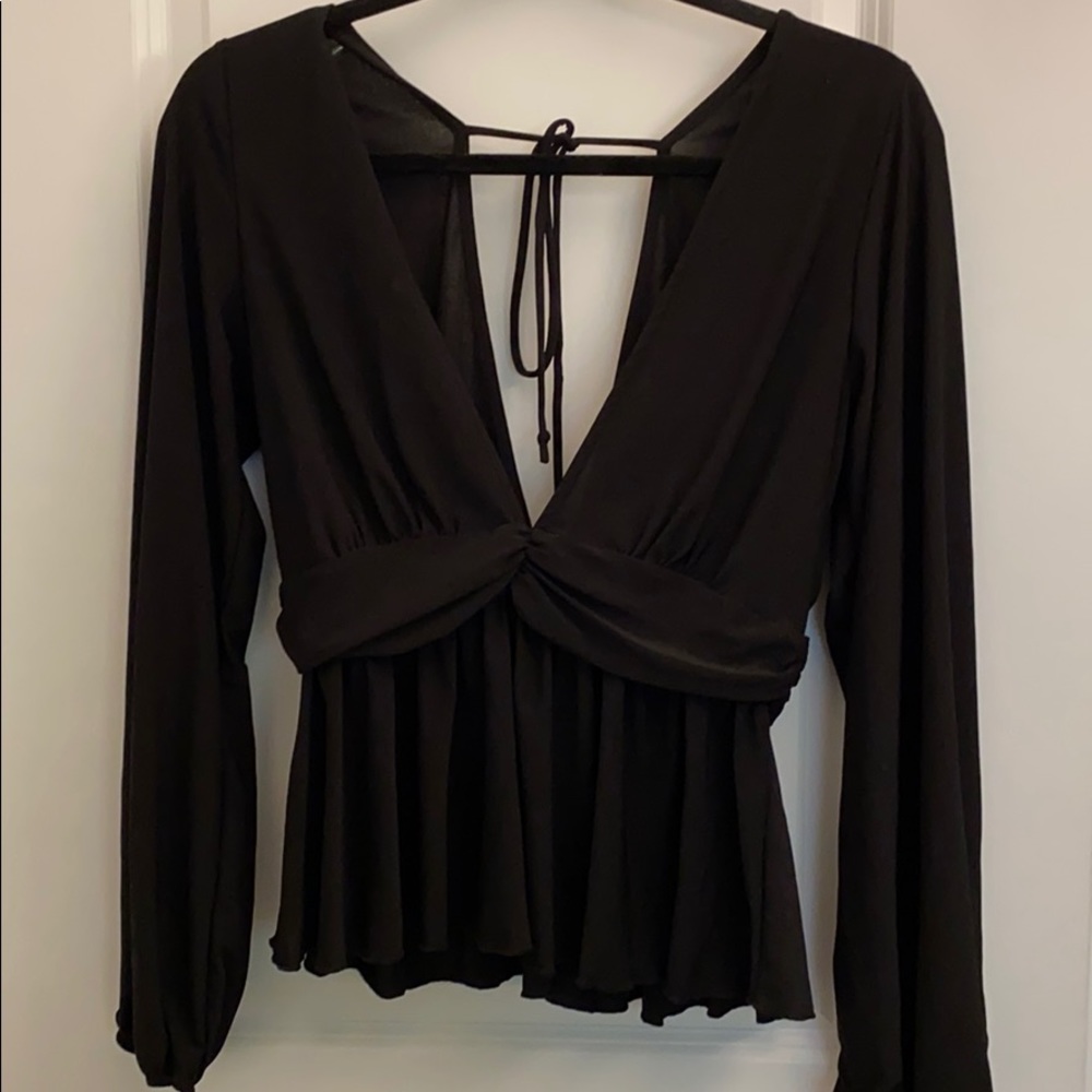 Plunge V-neck Black Long Sleeve Blouse